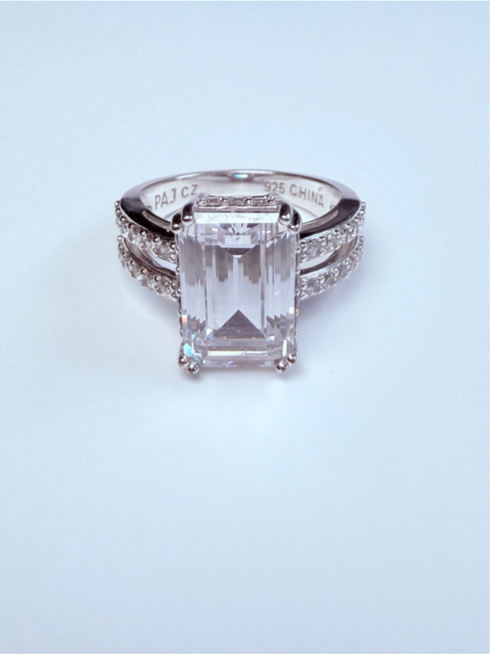 Emerald Cut 7.25 CT Cubic Zirconia 925 Sterling Silver Double Band Fine Ring PAJ